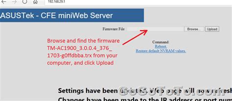 拔除電源>壓住REST>插電 (REST別放)>過大約10秒,POWER等會緩慢閃爍,代表已經進入補救模式>HTTP://192. . Asus cfe miniweb server